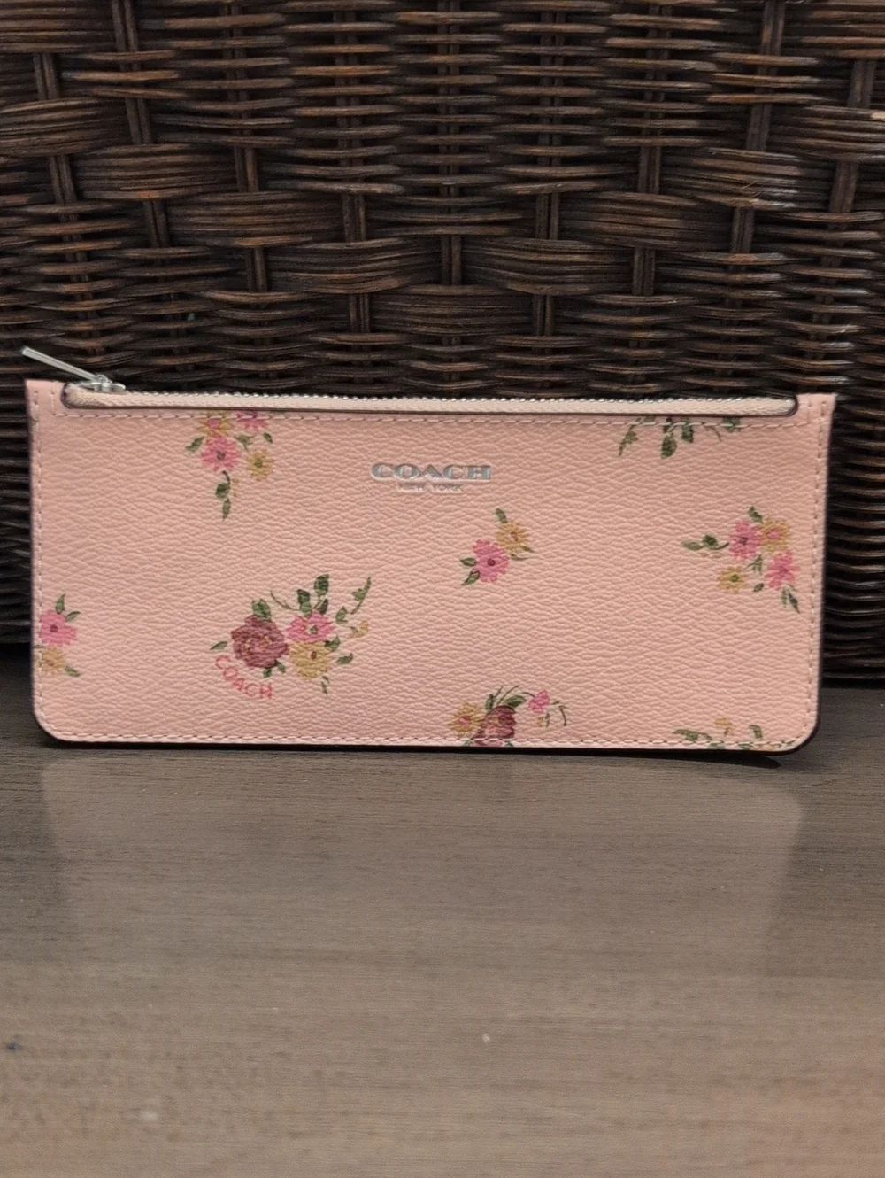 COACH Pink Daisy Bundle Print Slim Skinny Wallet Floral Zip Credit Card Case